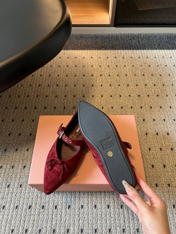 Miu Pointed Toe Bow Mary Jane Flats Red Suede 933430