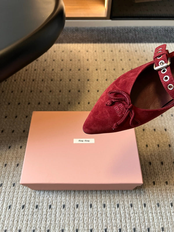 Miu Pointed Toe Bow Mary Jane Flats Red Suede 933430
