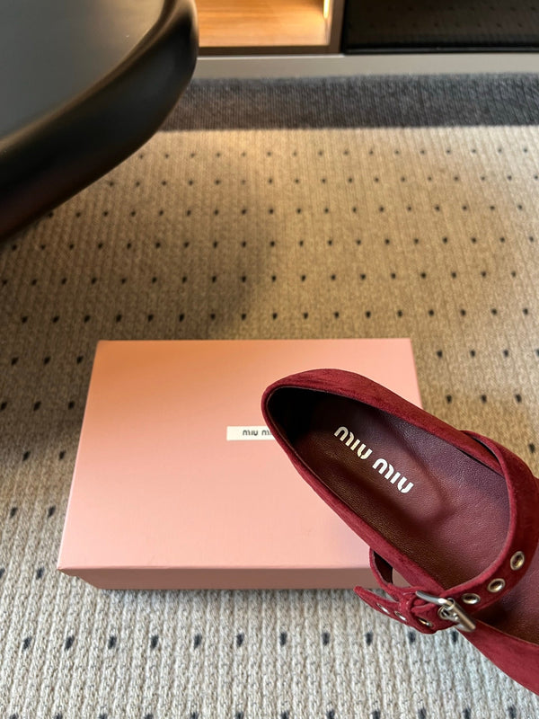 Miu Pointed Toe Bow Mary Jane Flats Red Suede 933430