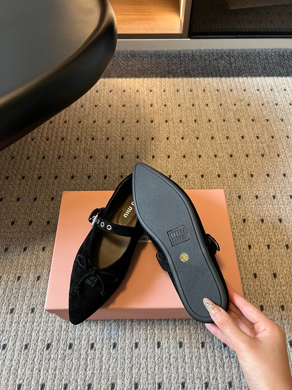 Miu Pointed Toe Bow Mary Jane Flats Black Suede 933429