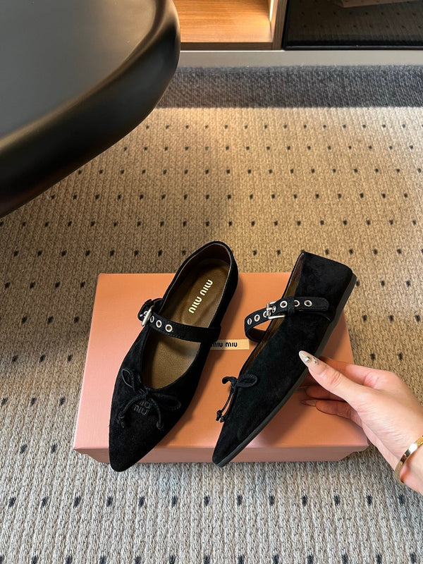Miu Pointed Toe Bow Mary Jane Flats Black Suede 933429