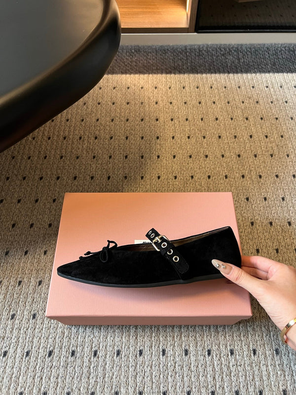 Miu Pointed Toe Bow Mary Jane Flats Black Suede 933429