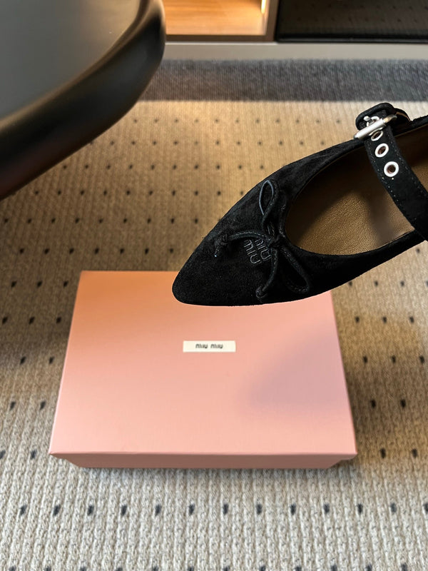 Miu Pointed Toe Bow Mary Jane Flats Black Suede 933429