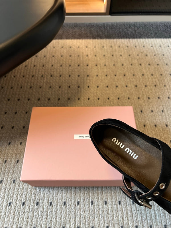 Miu Pointed Toe Bow Mary Jane Flats Black Suede 933429