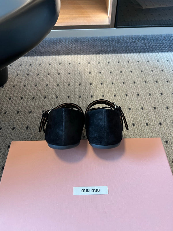 Miu Pointed Toe Bow Mary Jane Flats Black Suede 933429