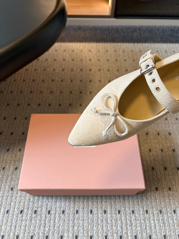 Miu Pointed Toe Bow Mary Jane Flats Cream Suede 933428
