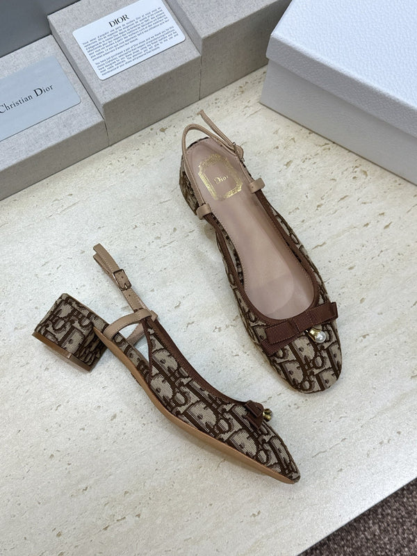 CD Oblique Bow Pearl Slingback Pumps 3.5CM Brown Embroidered Cotton 933312