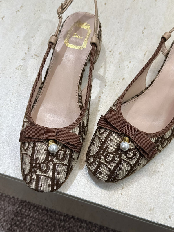 CD Oblique Bow Pearl Slingback Pumps 3.5CM Brown Embroidered Cotton 933312
