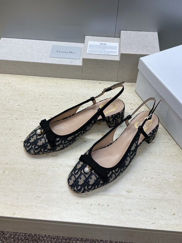 CD Oblique Bow Pearl Slingback Pumps 3.5CM Grey Navy Embroidered Cotton 933311