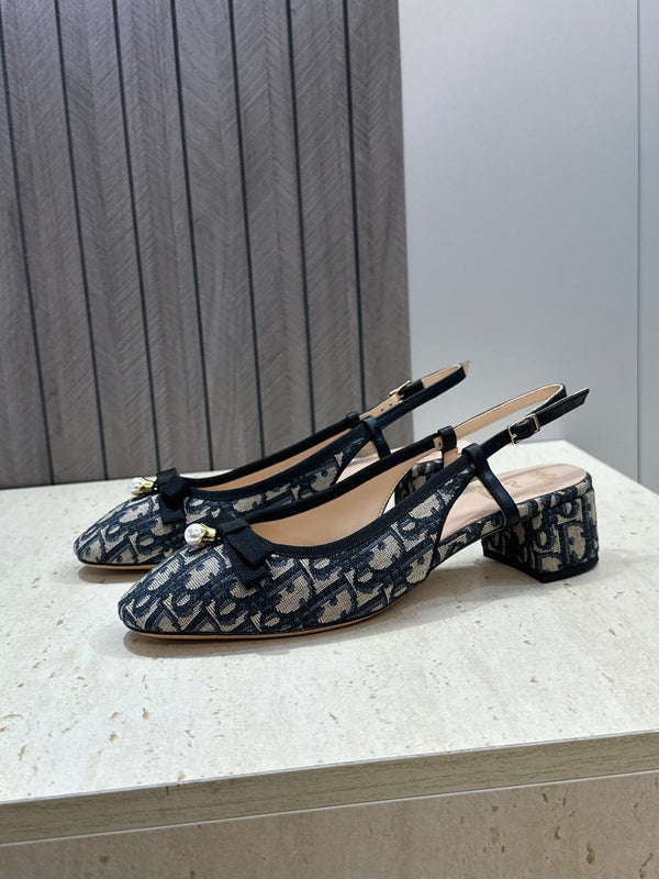 CD Oblique Bow Pearl Slingback Pumps 3.5CM Grey Navy Embroidered Cotton 933311