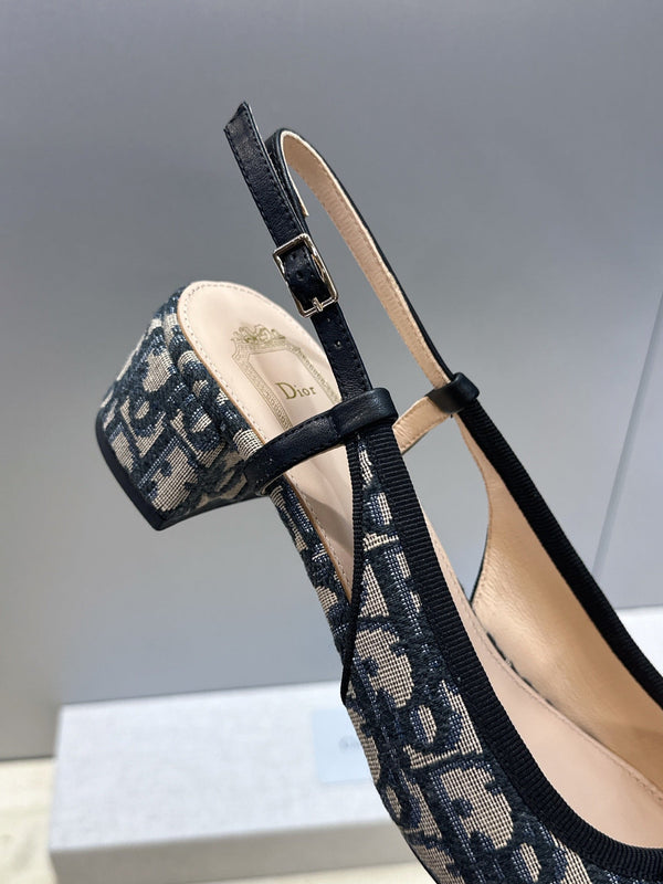 CD Oblique Bow Pearl Slingback Pumps 3.5CM Grey Navy Embroidered Cotton 933311
