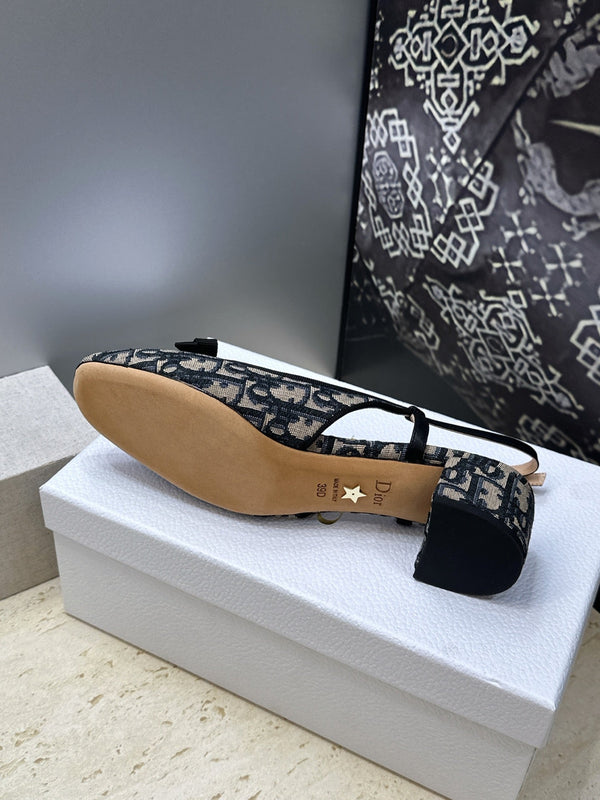 CD Oblique Bow Pearl Slingback Pumps 3.5CM Grey Navy Embroidered Cotton 933311