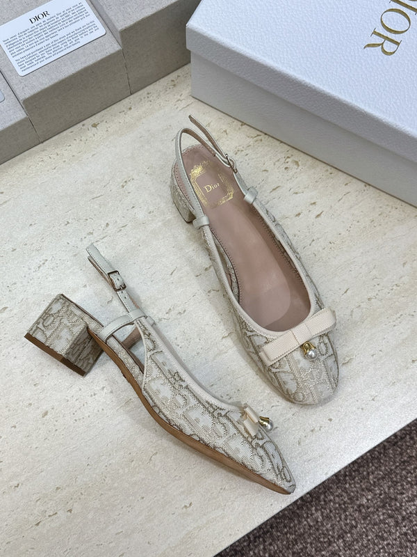 CD Oblique Bow Pearl Slingback Pumps 3.5CM Cream Embroidered Cotton 933310