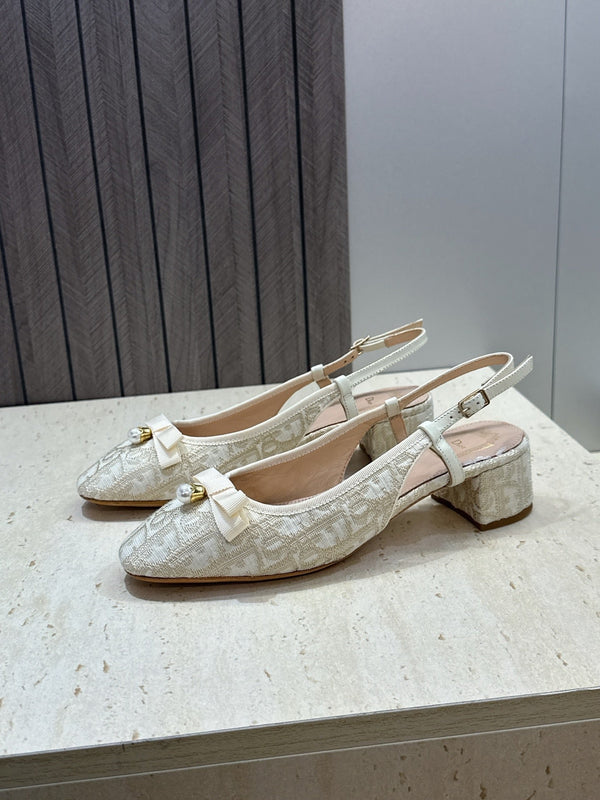 CD Oblique Bow Pearl Slingback Pumps 3.5CM Cream Embroidered Cotton 933310