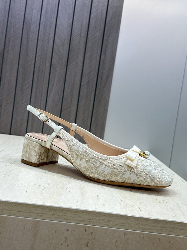 CD Oblique Bow Pearl Slingback Pumps 3.5CM Cream Embroidered Cotton 933310