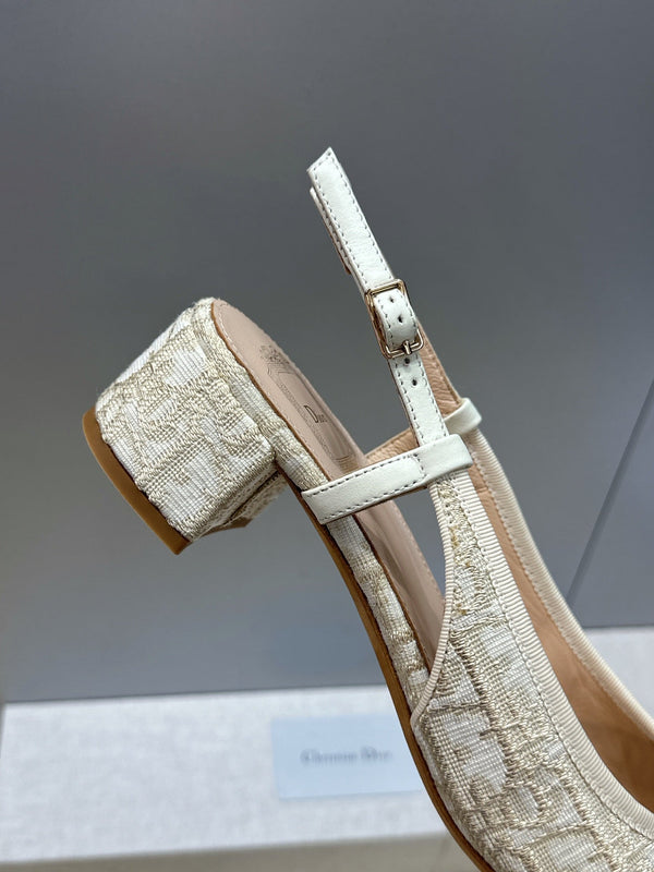 CD Oblique Bow Pearl Slingback Pumps 3.5CM Cream Embroidered Cotton 933310