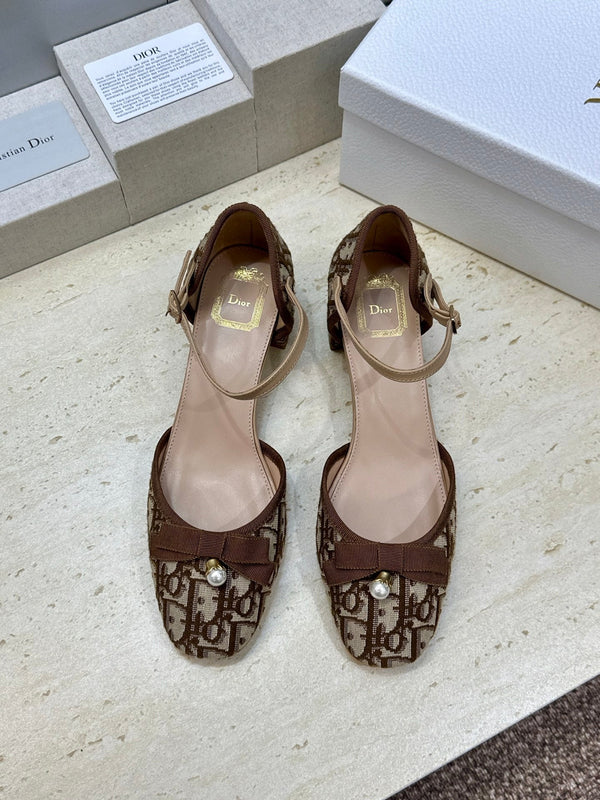 CD Oblique Bow Pearl Ankle Strap Pumps 3.5CM Brown Embroidered Cotton 933315