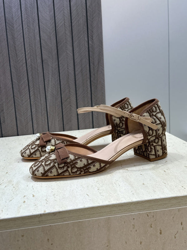 CD Oblique Bow Pearl Ankle Strap Pumps 3.5CM Brown Embroidered Cotton 933315