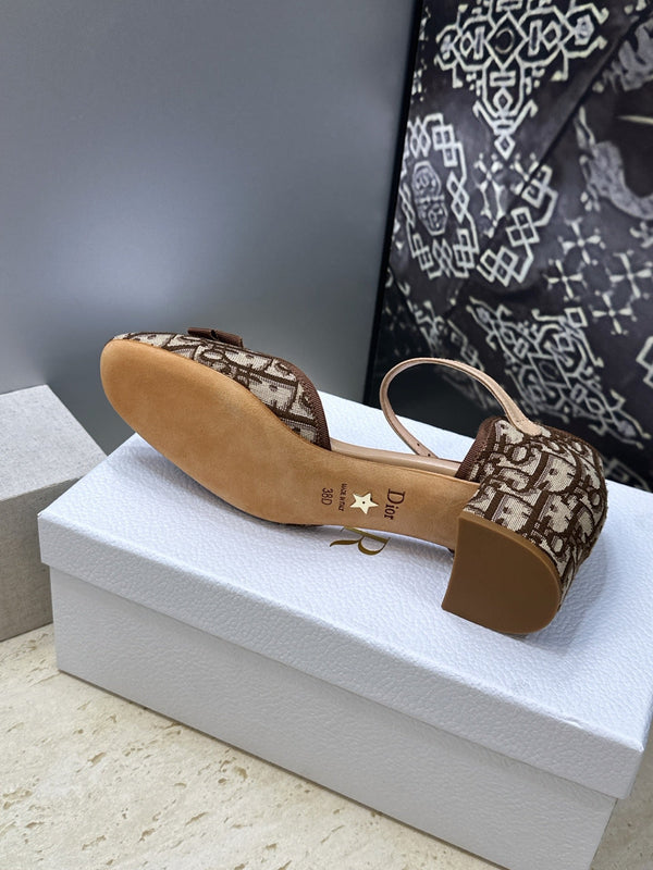 CD Oblique Bow Pearl Ankle Strap Pumps 3.5CM Brown Embroidered Cotton 933315