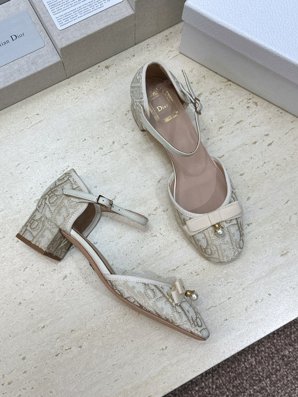 CD Oblique Bow Pearl Ankle Strap Pumps 3.5CM Cream Embroidered Cotton 933314