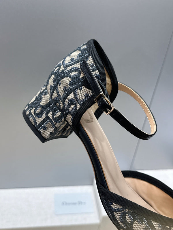 CD Oblique Bow Pearl Ankle Strap Pumps 3.5CM Grey Navy Embroidered Cotton 933313
