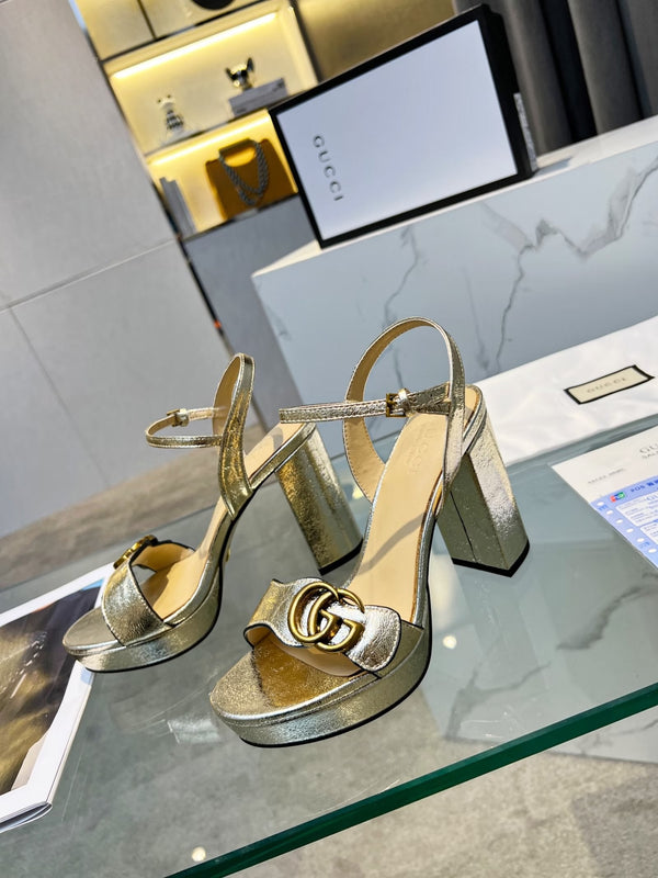 GG 26S Marmont Platform Sandals 10CM Light Gold Metallic Leather 926708