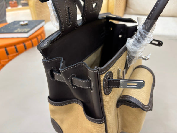 HM Birkin Cargo 25CM Handbag Black Beige Swift Canvas