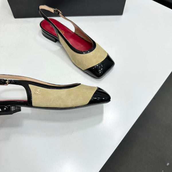 CC Slingback Flats Beige Black Suede Leather 944622