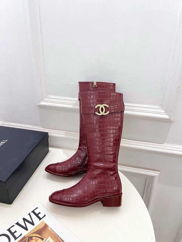 CC Double C Knee-High Boots 3.5CM Burgundy Croc-Embossed Leather 946896