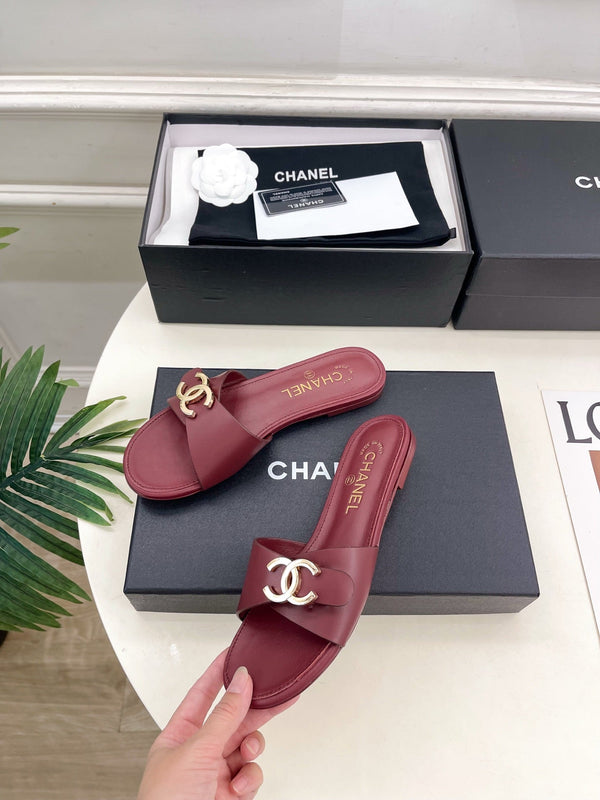 CC 26ss Pre-Collection Double C Slide Sandals Burgundy Leather 946871