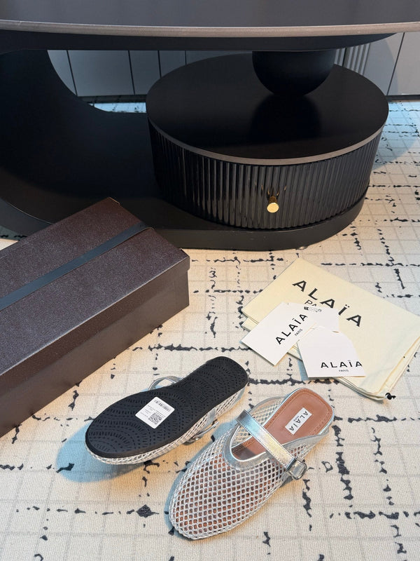 Alaia Mesh Buckle Strap Mules Silver Leather 950597