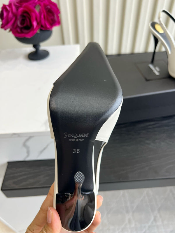 YSL Iceland Slingback Pumps 10CM Crystal Embellishment Black White Leather 956515