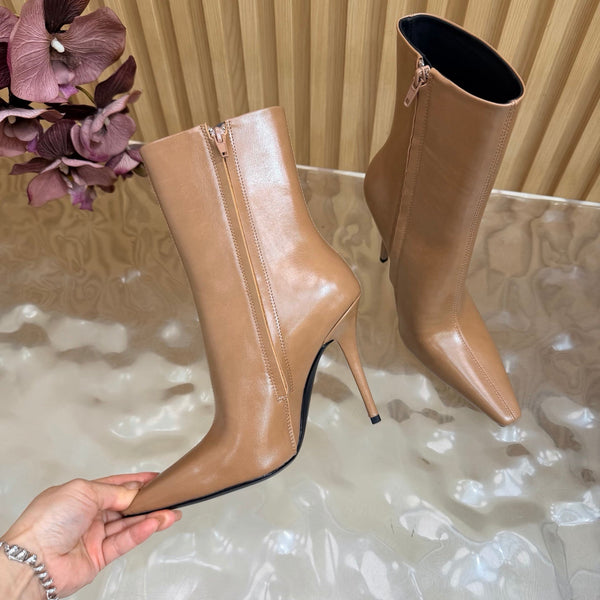 YSL Pointed-Toe Stiletto Ankle Boots 8CM Beige Leather 955830