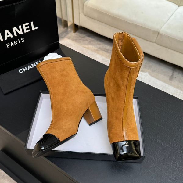 CC Ankle Boots White Square Toe Camel Black Suede Leather 958070