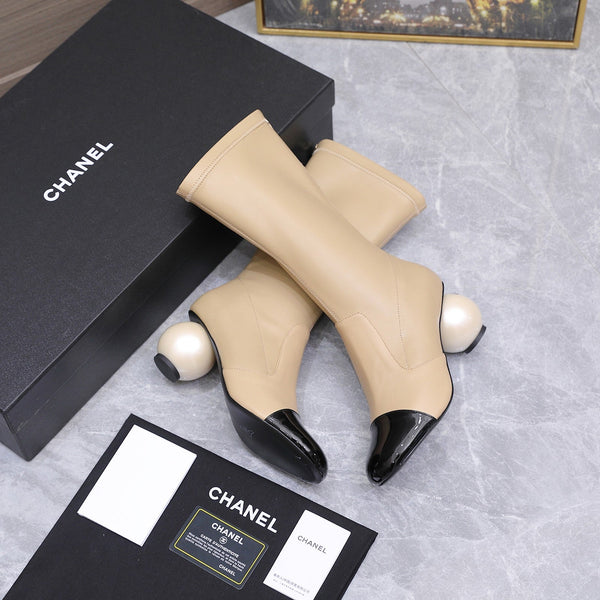 CC 26s Mid-Calf Boots Pearl Ball Heel 6.5CM Beige Calfskin 961583