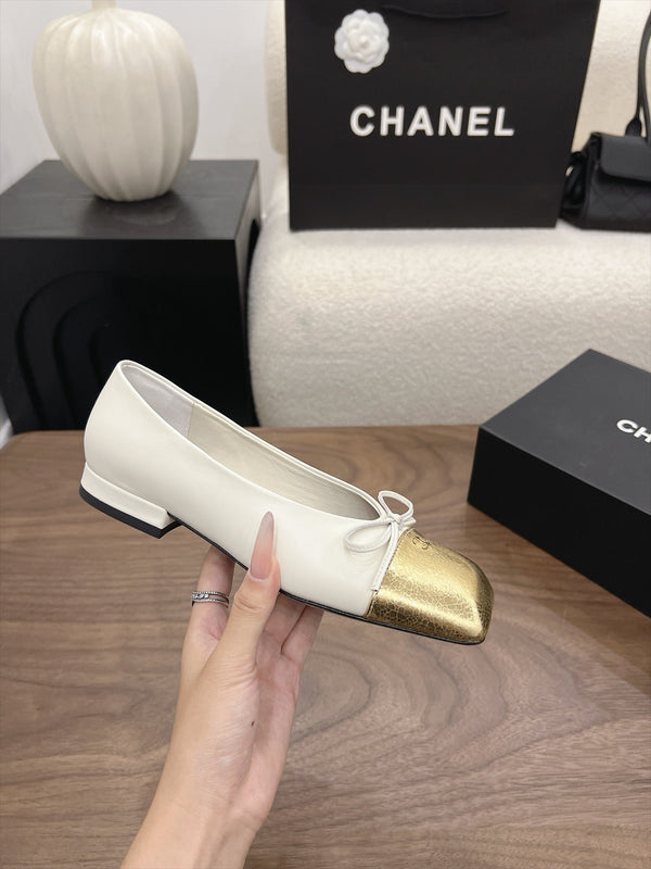 CC Square-Toe Ballet Flats White Gold Lambskin 961514
