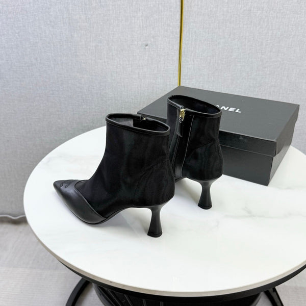 CC 26s Pointed-Toe Stiletto Ankle Boots Black Sheepskin Mesh 972790