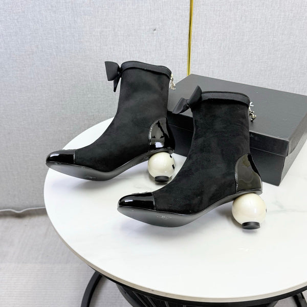 CC Mid-Calf Boots Pearl Ball Heel Bow Black Suede Leather 972797