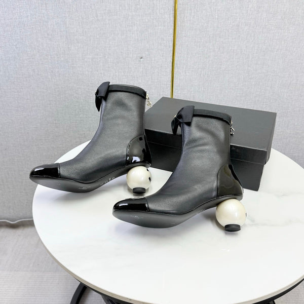 CC Mid-Calf Boots Pearl Ball Heel Bow Black Leather 972798