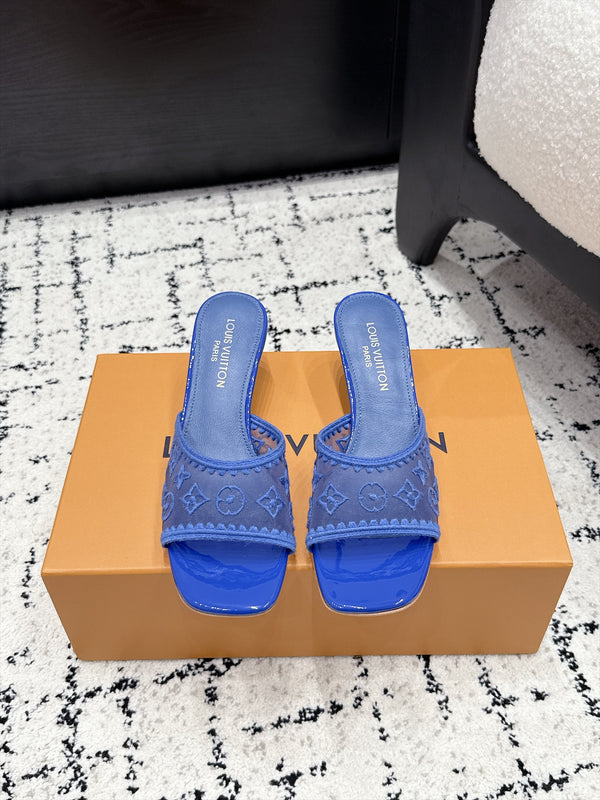 LV 6AM Mules Kitten Heel Blue Monogram Mesh 979715