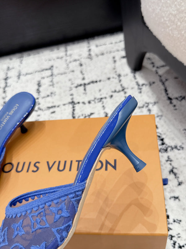 LV 6AM Mules Kitten Heel Blue Monogram Mesh 979715