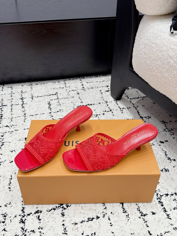 LV 6AM Mules Kitten Heel Red Monogram Mesh 979714