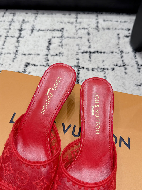 LV 6AM Mules Kitten Heel Red Monogram Mesh 979714