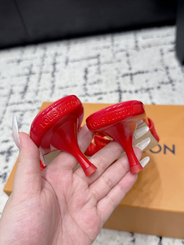 LV 6AM Mules Kitten Heel Red Monogram Mesh 979714