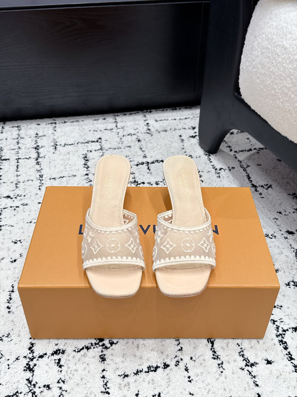 LV 6AM Mules Kitten Heel Beige Monogram Mesh 979713