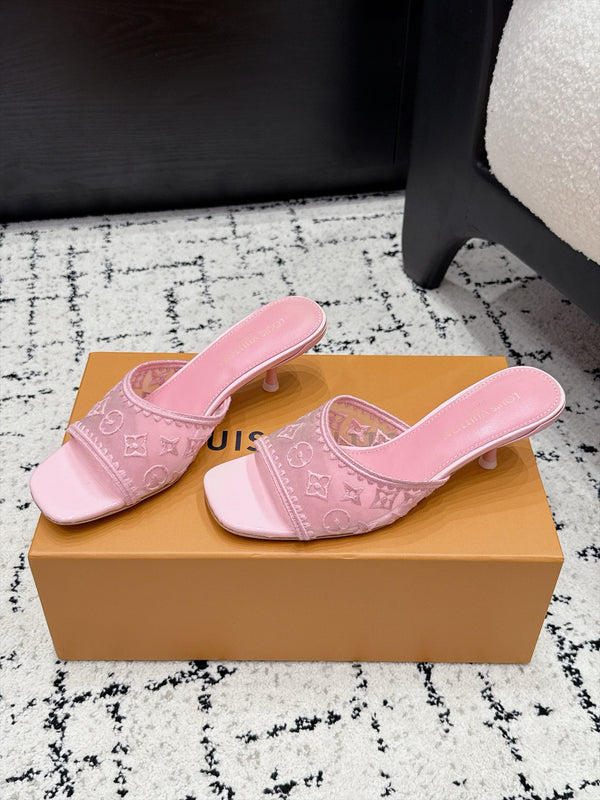 LV 6AM Mules Kitten Heel Pink Monogram Mesh 979712