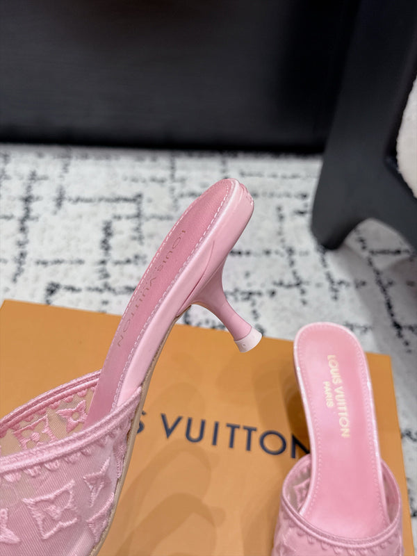 LV 6AM Mules Kitten Heel Pink Monogram Mesh 979712