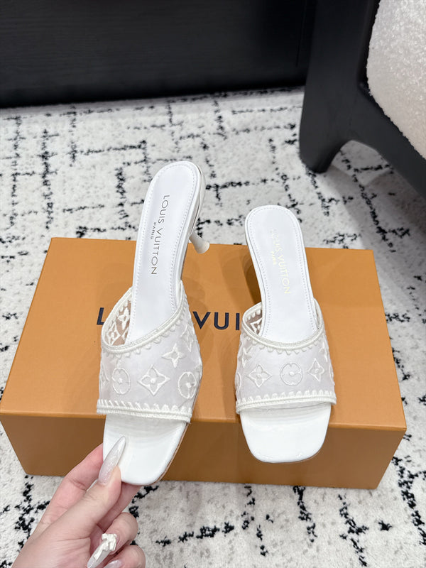 LV 6AM Mules Kitten Heel White Monogram Mesh 979711