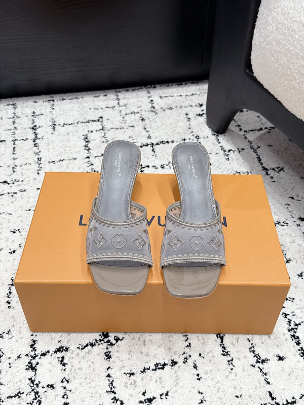 LV 6AM Mules Kitten Heel Grey Monogram Mesh 979710
