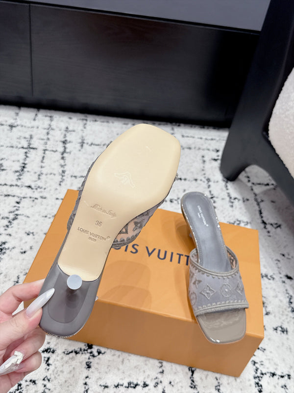 LV 6AM Mules Kitten Heel Grey Monogram Mesh 979710